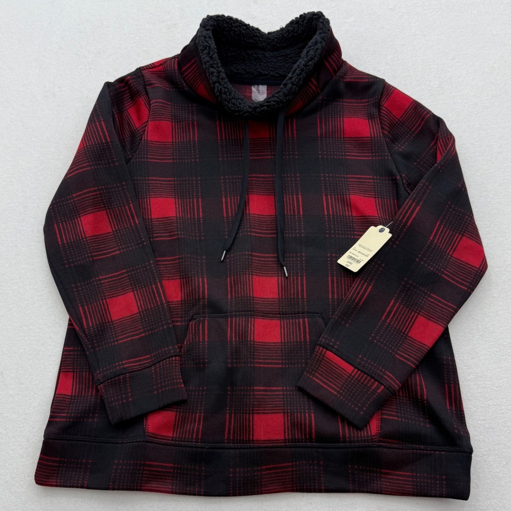 St Johns Bay Women's L Large Buffalo Plaid Fleece Lined Sherpa Collar Sweatshirt